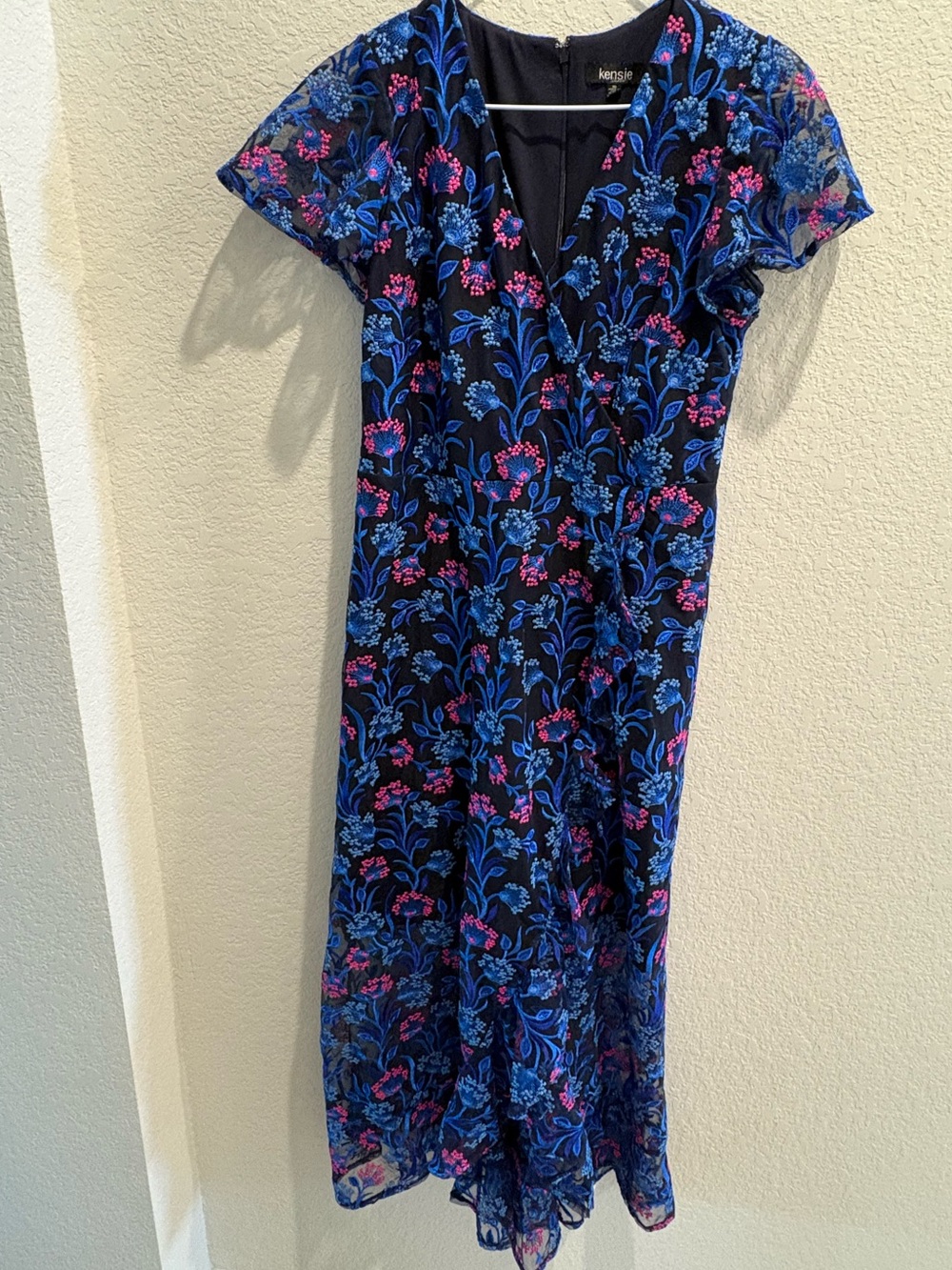 Kensie Black Midi Dress with Blue and Pink Floral Embroidery